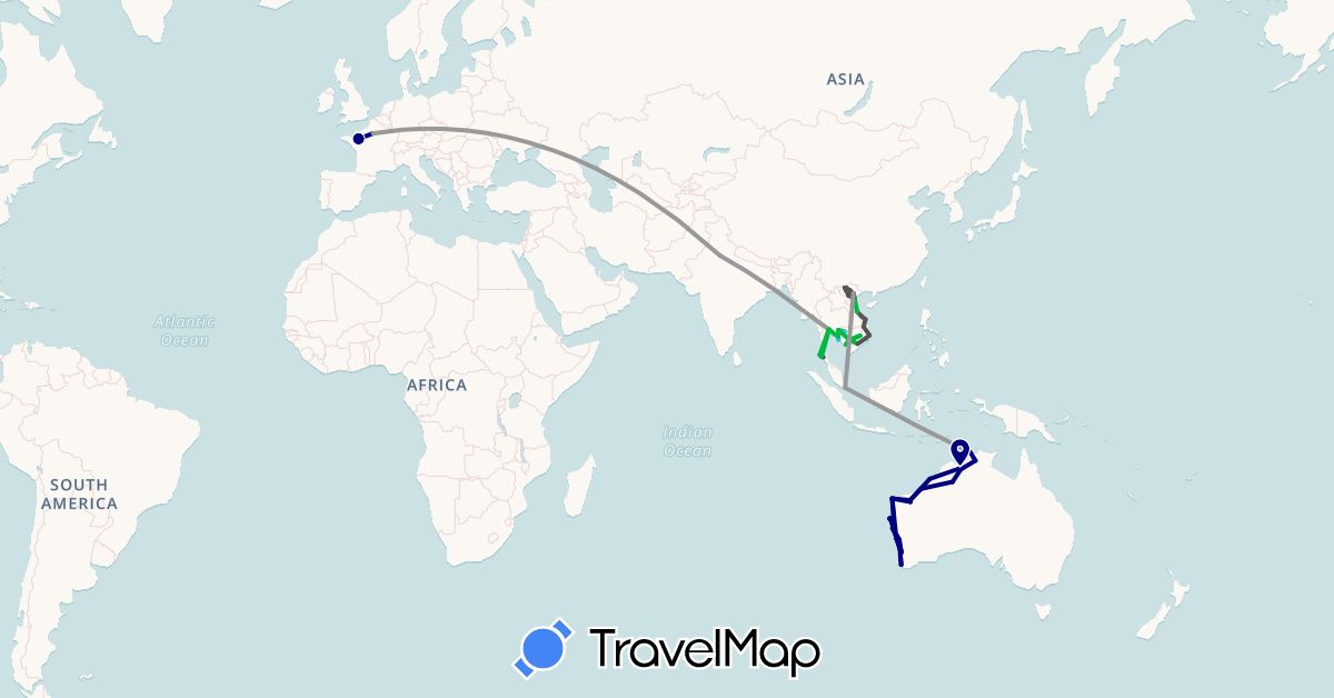 TravelMap itinerary: driving, bus, plane, cycling, boat, motorbike in Australia, France, India, Cambodia, Singapore, Thailand, Vietnam (Asia, Europe, Oceania)